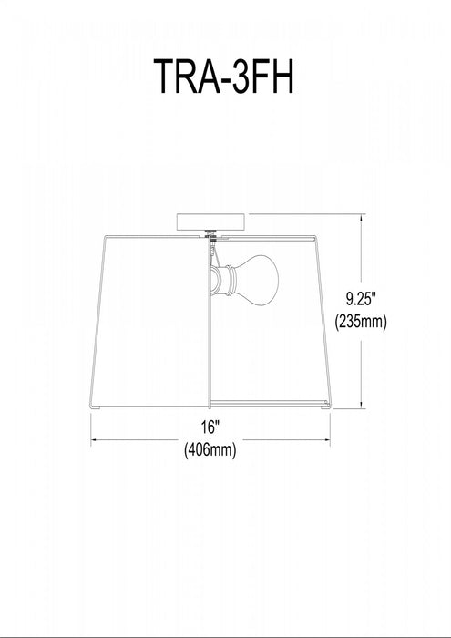 Plafonnier affleuré Trapezoid de Dainolite avec abat-jour cylindrique effilé doré et blanc qui diffuse la lumière, tissu blanc et 3 ampoules