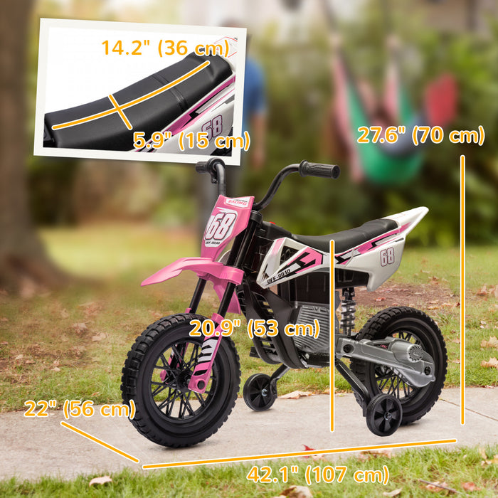Qaba Kids Dirt Bike with Twist Grip Throttle, 12V Electric Motorcycle, Electric Bike with Training Wheels, Spring Suspension & Music, for Toddler 3-6 Years, Pink