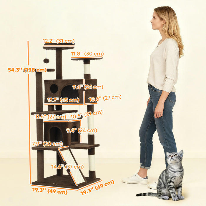 Arbre a chat 138 cm avec poteaux a griffer, niches, marron clair