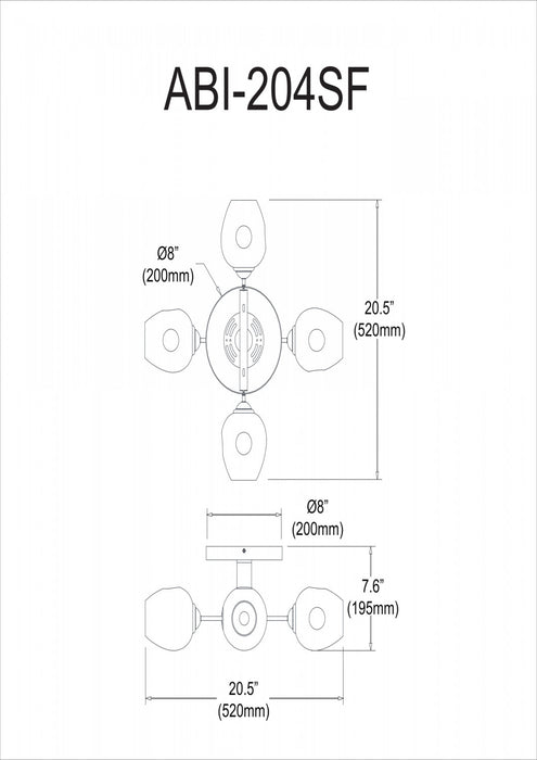 Plafonnier semi-affleuré Abii de Dainolite en verre transparent, avec fini bronze rétro et 4 ampoules