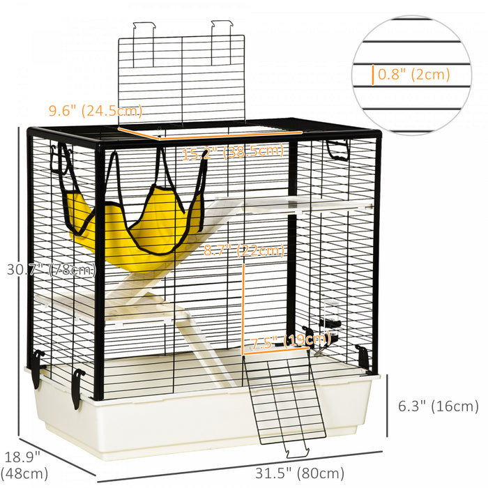 Pawhut Cage Petit Animal Habitat Interieur Cage Pour Cochons D'inde Furets Chinchillas, Avec Accessoires Hamac Bouteille D'eau Balcon Rampe Plat De Nourriture, 31.5\"x19\"x30.75\", Jaune