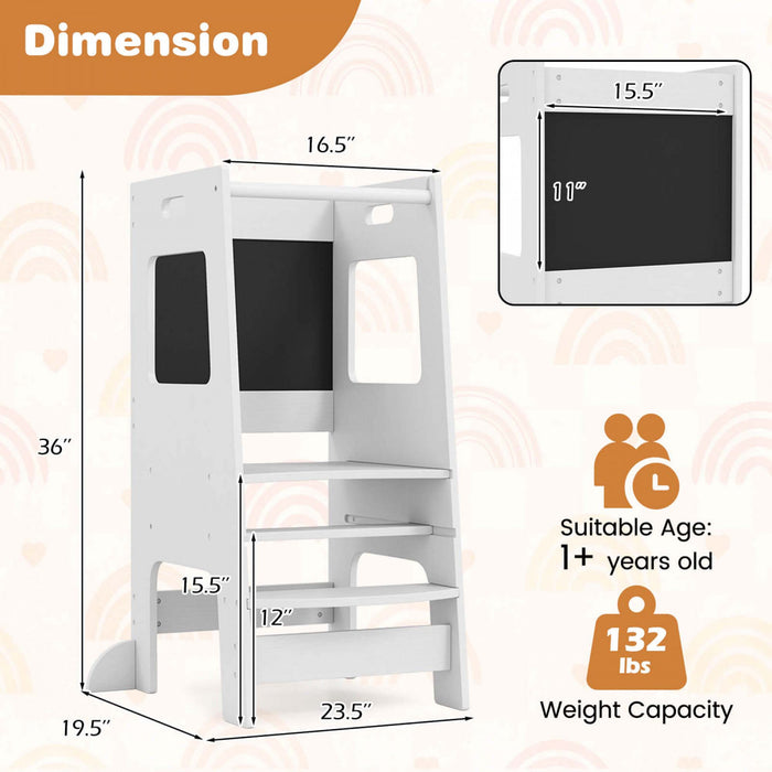 Tabouret D'etape De Cuisine Costway Pour Tout-petit Enfant Avec Tableau A Bois D'activite Reglable En Hauteur Et Rail De Securite Blanc