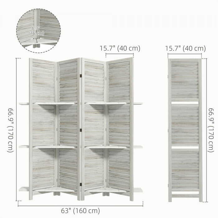 Homcom Ecran De Confidentialite A 4 Panneaux Avec Etagere, Blanc Vieilli