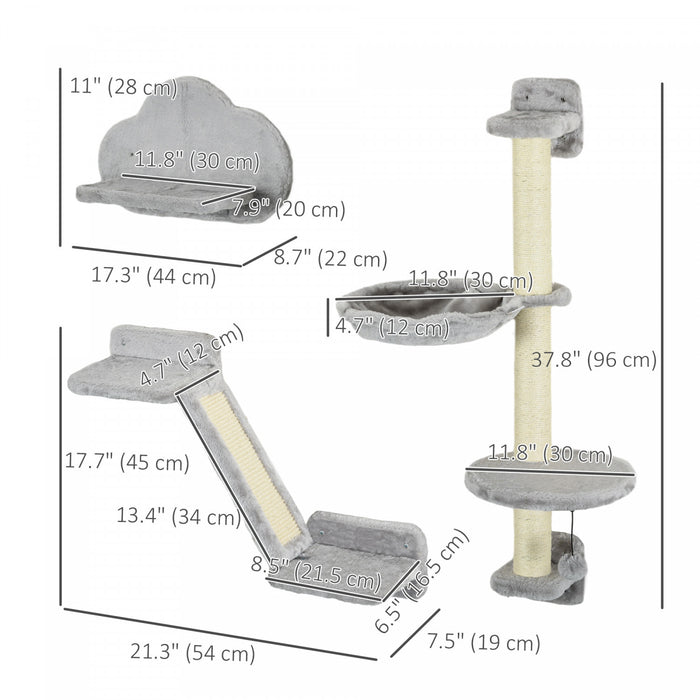 Pawhut 3 Pieces Etageres Pour Chat, Meubles Muraux Pour Chat Avec Hamac, Poteaux A Gratter, Plates-formes De Saut, Balles De Jouets, Etageres Murales Pour Chat Pour Une Utilisation En Interieur, Gris