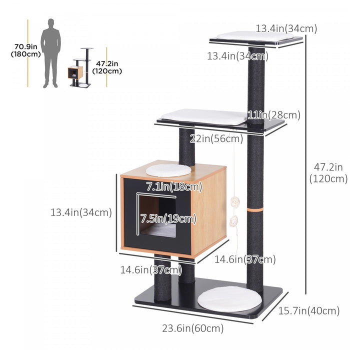 Pawhut Arbre A Chats Design Contemporain Griffoirs Grattoirs Sisal Naturel Centre D‘activites Niche Plate-formes Jeu Boules Suspendues Mdf Noir Hetre