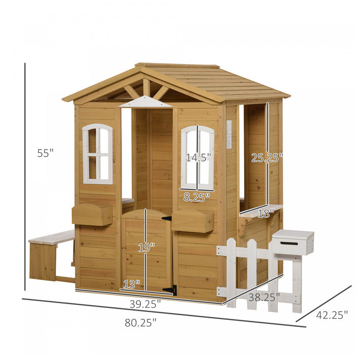 Outsunny Maison De Jeu En Bois D'exterieur Avec Porte Fenetres Boite Aux Lettres Porte-pot De Fleurs Banc De Station De Service Naturel