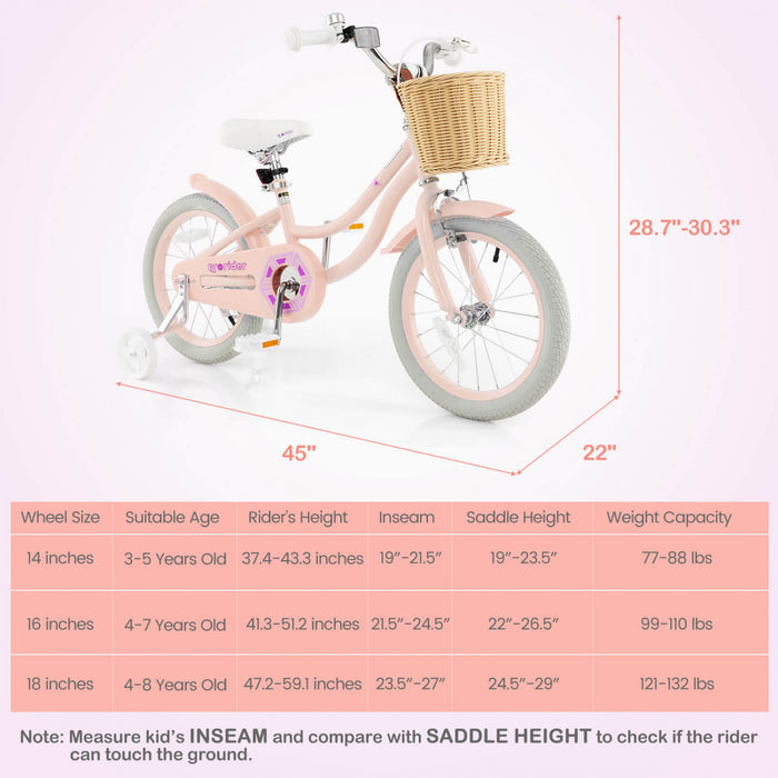 Costway 16\" Velo Enfant Avec Roues D'entrainement Reglable Guidon Siege Frein A Main Rose
