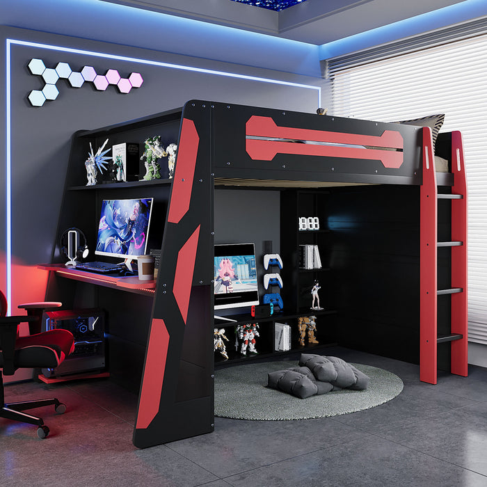Olivia Lit mezzanine en bois avec bureau et etageres de rangement multiples, Lumiere RGB, Rouge