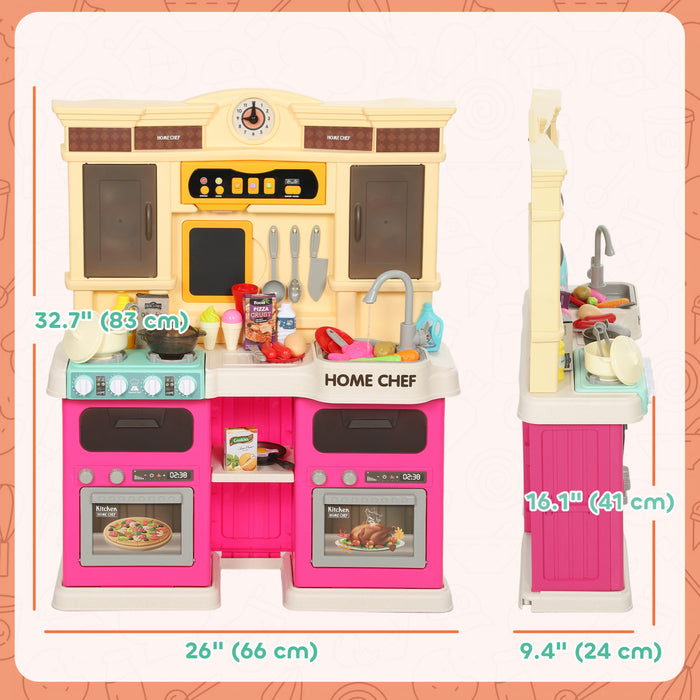 Cuisine enfant Qaba pour tout-petits, cuisine enfant avec sons et lumieres realistes, evier, cuisiniere, horloge, batterie de cuisine, accessoires, ensemble de nourriture pour enfants de 3 a 6 ans, rose