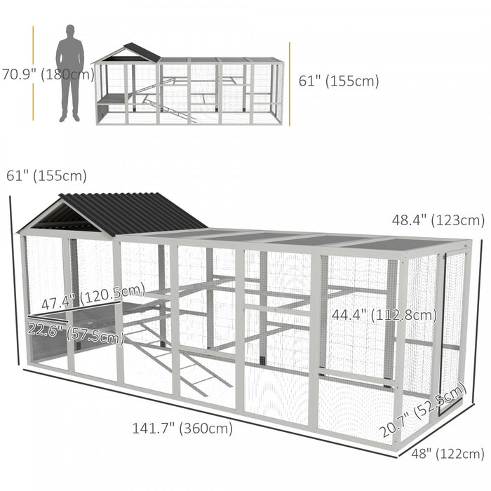Pawhut Poulailler D'exterieur En Bois Avec Enclos, Rampes, Perchoirs, Rangement, Poulailler D'arriere-cour Avec Design Combinable Pour 6 A 10 Poulets, 142\" X 48\" X 61\", Gris