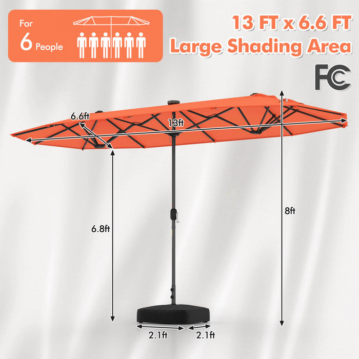 Costway Parasol de patio double face de 13 pieds avec lumieres solaires, manivelle, base de parasol orange
