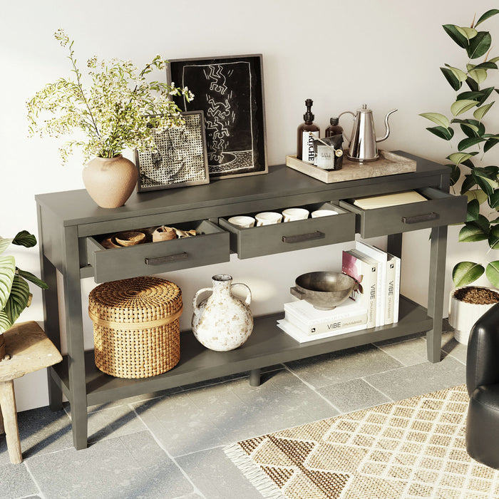 Table d'entree Emma 59,1'' de style ferme avec tiroirs et etagere ouverte, grise