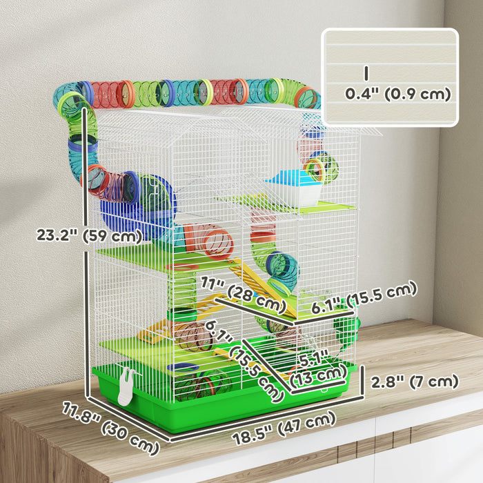 Cage Pour Hamster Pawhut De 47 Cm, Niche A 5 Niveaux Pour Petits Animaux Avec Systeme De Tunnel, Roue D'exercice, Bouteille D'eau, Bol, Rampe, Vert