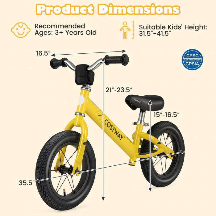 Bicycle D'equilibre Costway 12 Pouces Sans Pedale Bicycle D'entrainement Avec Pneus En Caoutchouc Gonflables Jaune