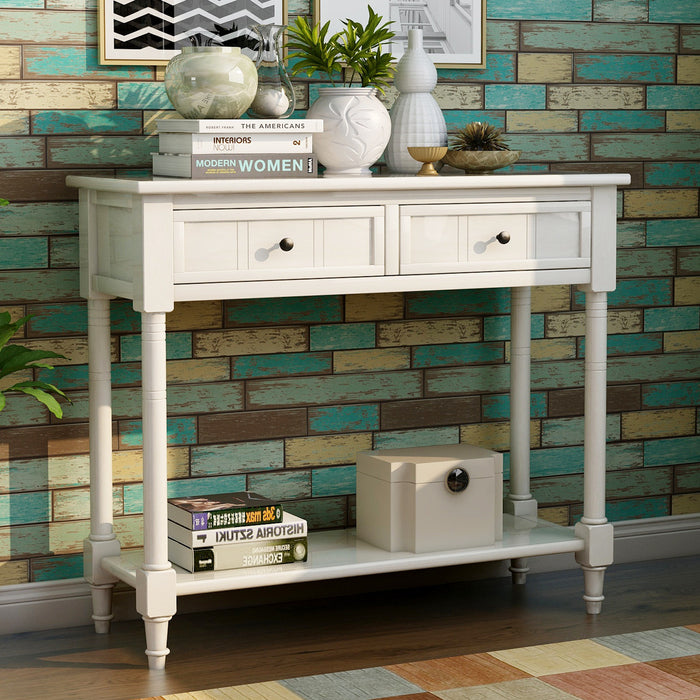Table Console Traditionnelle Jeremy En Bois Massif Avec Tiroirs Et Etagere - Ivoire Blanc