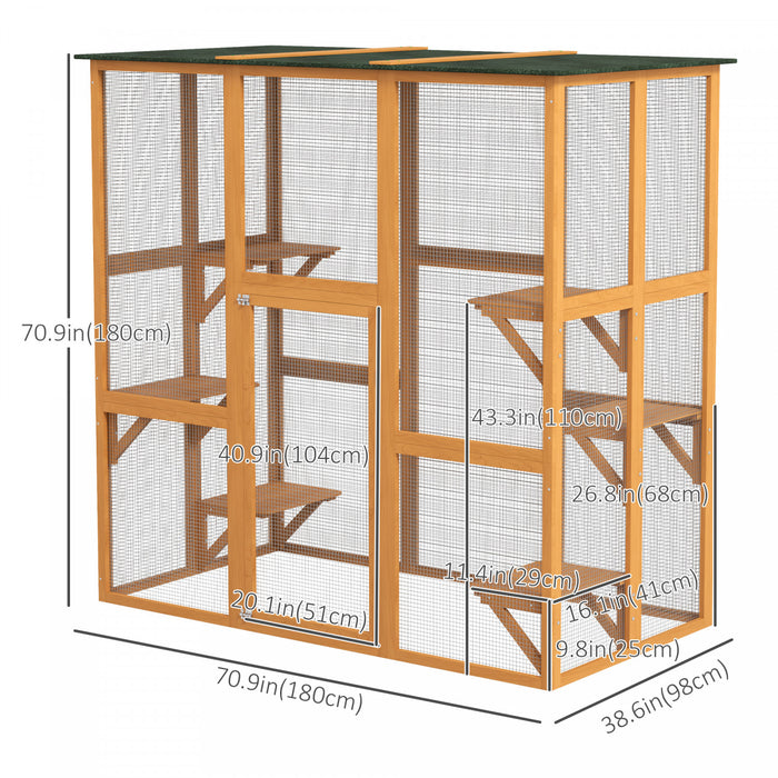 Pawhut Grand Enclos Exterieur Pour Chat, Terrasse En Bois Pour Chat Avec 6 Plates-formes Equilibrees Et Toit En Asphalte, 71\" X 38.5\" X 71\", Orange