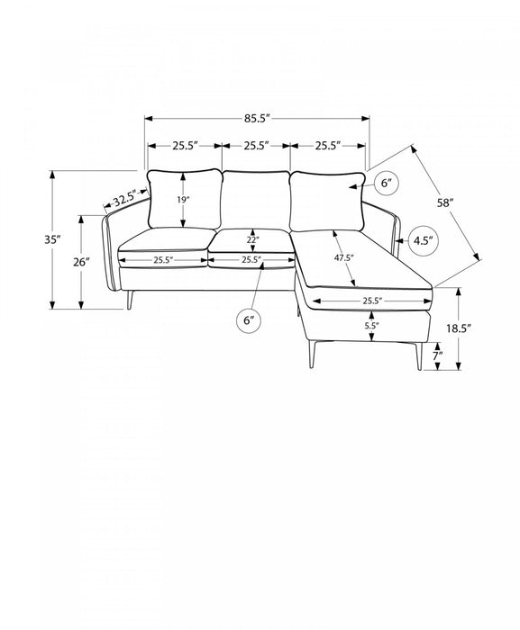 Sofa Chaise Longue Rembourre, 85\" De Large, Tissu Noir, Pieds En Metal Noir