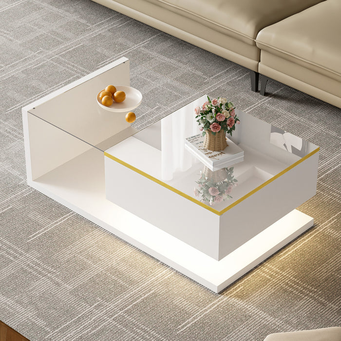 Maxwell Table Basse Haute Brillance de 39,4\" avec Verre et Effet LED, Blanc
