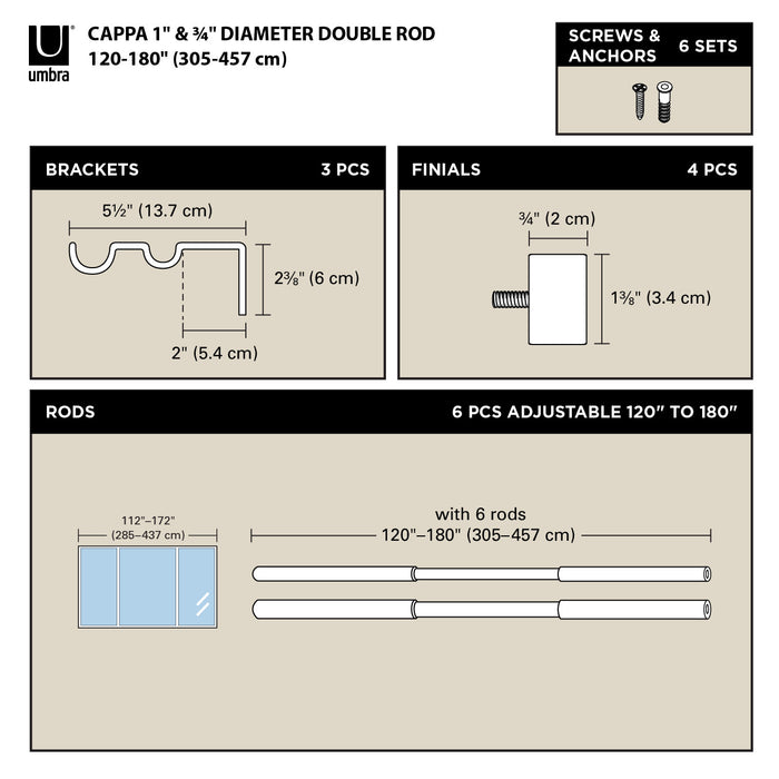  Tringle à rideaux extensible double Cappa de Umbra acier nickel de 1 po - 120 po à 180 po