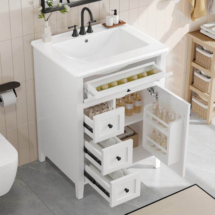 Scott Meuble-lavabo de 24\" avec vasque en ceramique et pieds en bois caoutchouc, Blanc