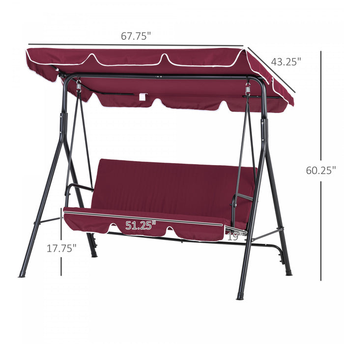 Outsunny Meatal Chaise Pivotante D'exterieur 3 Places Chaise Longue De Jardin Rembourree Hamac De Terrasse Avec Cadre Et Auvent Rouge Vin