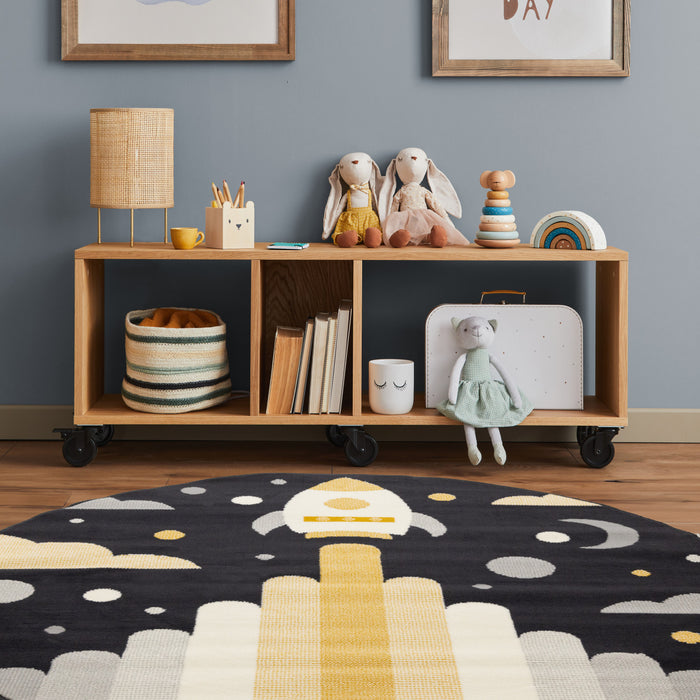 Carpette ronde Forte à motif de vaisseau spatial pour enfants - 5 pi 3 po x 5 pi 3 po