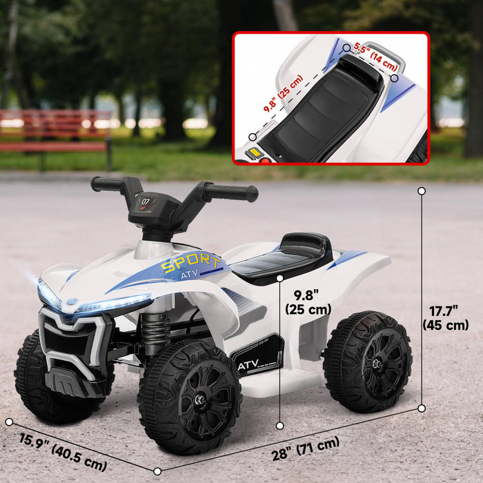 Qaba Vtt Pour Enfants, Vehicule Electrique Alimente Par Batterie 6 V Avec Vitesse Maximale De 1,6 Mph, Phares, Musique, Interrupteur Marche Avant/arriere, Jouet A 4 Roues Pour 18 A 36 Mois, Blanc