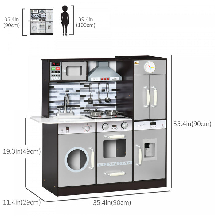 Qaba Cuisine En Bois Avec Sons Et Lumieres, Jeu De Cuisine Pour Enfants Avec Machine A Laver, Distributeur D'eau, Micro-ondes, Hotte Aspirante, Refrigerateur, Ustensiles, Cadeau Pour Les 3-6 Ans.