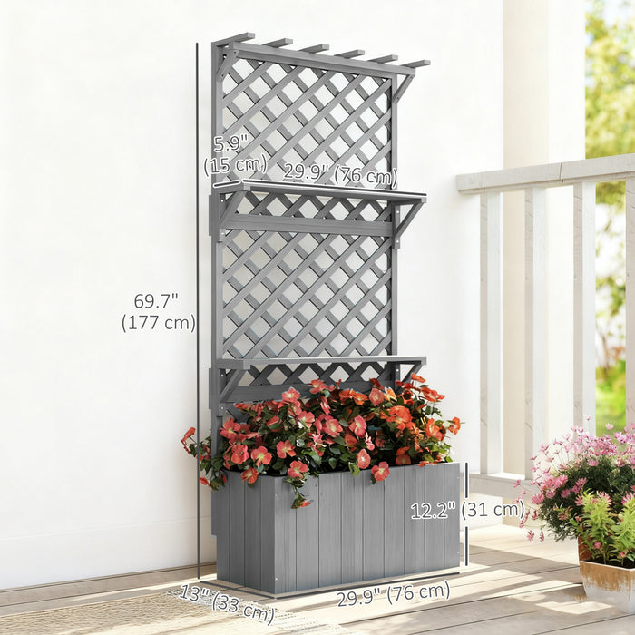 Outsunny Lit de jardin sureleve avec treillis et etagere a plantes, gris