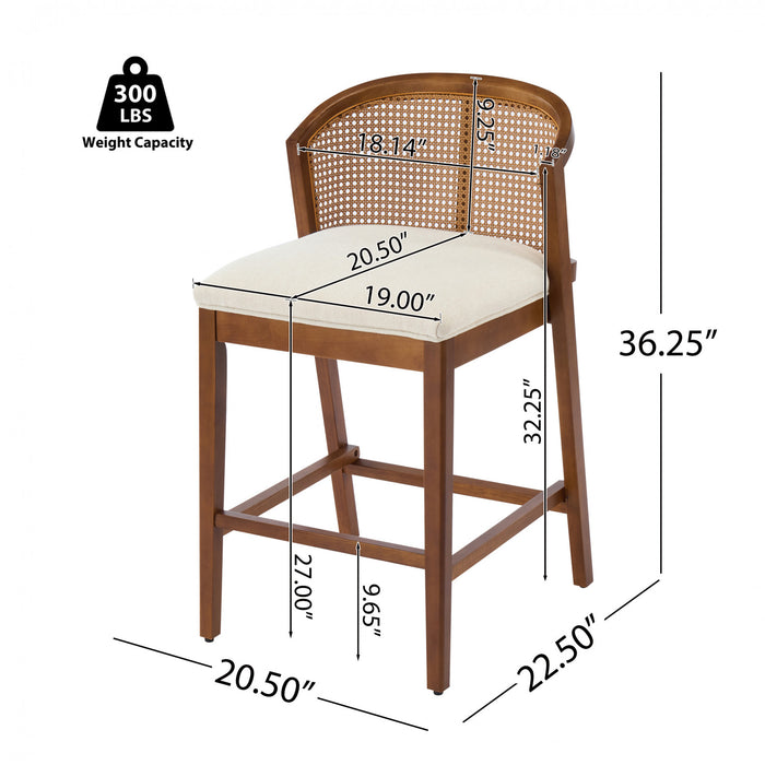 Tatti – Lot de 4 tabourets de comptoir en bois d’hevea avec dossier en cannage, finition noyer