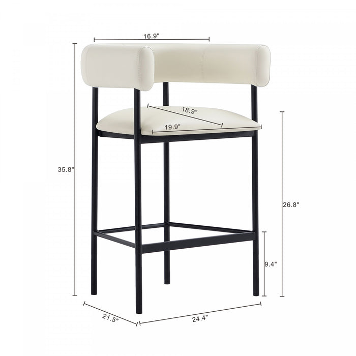 Tabouret de comptoir contemporain Onda en cuir vegetalien et metal, coloris ivoire