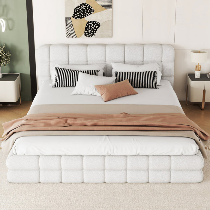 Lit plateforme moderne Emma rembourre avec structure en bois massif confortable, taille queen, blanc