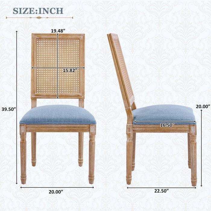 Oliver lot de 2 chaises de salle a manger en bois massif (hevea) avec assise rembourree, dossier en cannage et pieds canneles, bleu