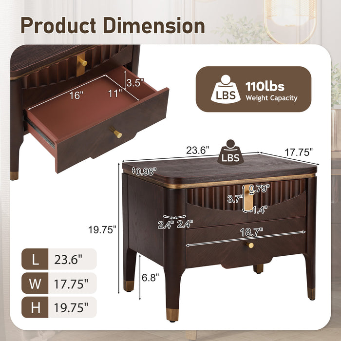 La table de nuit moderne Liam avec design en vague et 2 tiroirs de rangement, couleur brun fonce