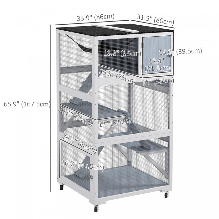 Pawhut Catio 34\" L Maison De Chat Exterieure Sur Roues Avec Hamac De Toit Resistant Aux Intemperies Plusieurs Plates-formes De Repos Rampes De Condo Portes Verrouillables, Pour 1-3 Chats, Gris