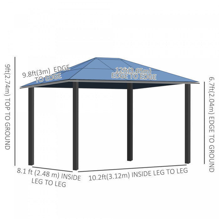 Outsunny Pavillon De Jardin Tonnelle Rigide Dim. 12'l X 9.75'l X 8.75'h Rideaux Lateraux Anti-uv Beige Acier Noir Polycarbonate