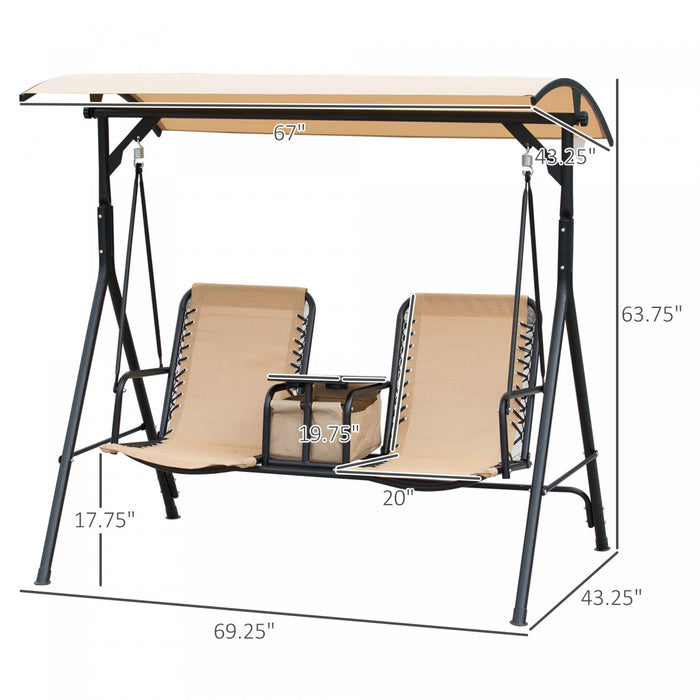 Outsunny Balancelle De Jardin 2 Places Table D'appoint Pivotante + Rangement Integre Inclinaison Toit Reglable Metal Noir Polyester Beige