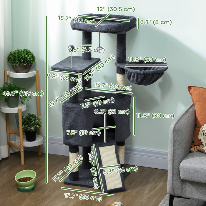 47 Inch Cat Tree with Cozy Condo, Bed, Hammock, Dark Grey