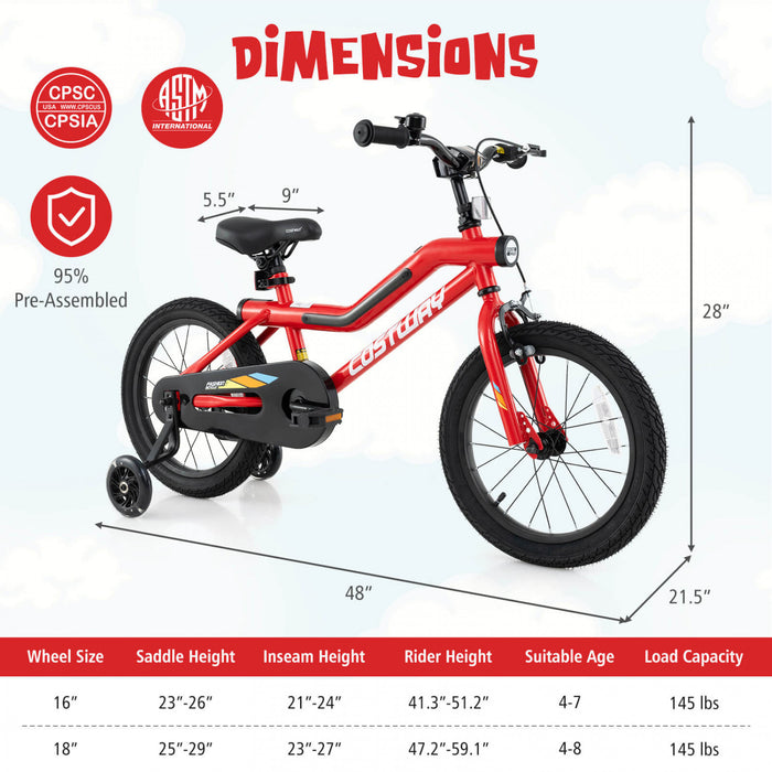 Costway 16\" Led Eclaire Velo Pour Enfants Avec Siege Reglable Coaster Frein Roues D'entrainement Rouge