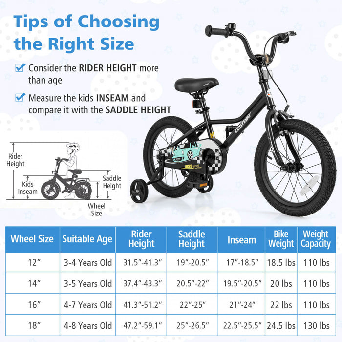 Costway 16\" Velo D'entrainement Pour Enfants Avec Roues D'entrainement Amovibles Pneumatiques Noir