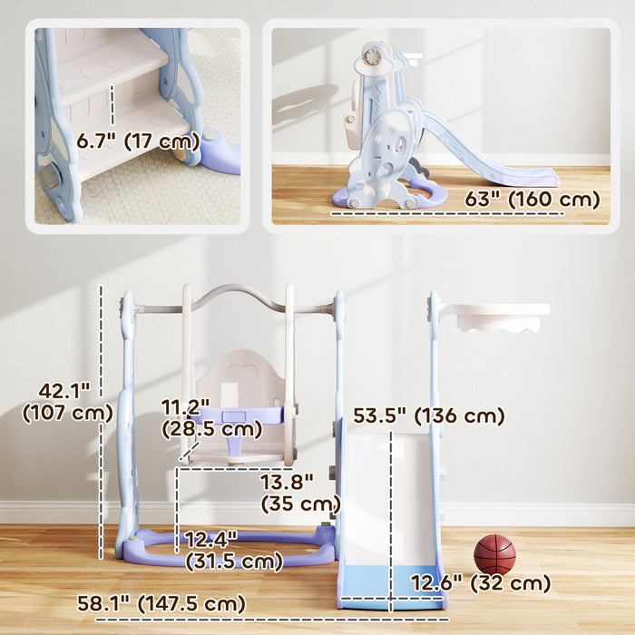 Qaba Ensemble toboggan et balancoire 4 en 1 avec panier de basket-ball, grimpeur, balancoire pour bebe, aire de jeux interieure pour garcons et filles, theme fusee, bleu clair