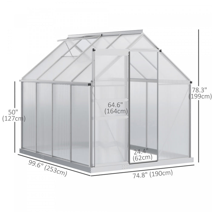 Outsunny Serre En Polycarbonate De 8' X 6' X 6,5' Avec Cadre En Aluminium, Serre Robuste Avec Aeration De Toit Reglable, Gouttiere Et Porte Coulissante Pour L'hiver, Argente