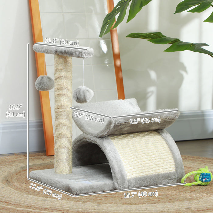 Petit Arbre A Chat Pawhut De 43 Cm Avec Poteau Superieur Rotatif, Tour A Chat Avec Griffoir, Plateforme, Tunnel, 2 Balles Suspendues, Griffoir, Gris Pale