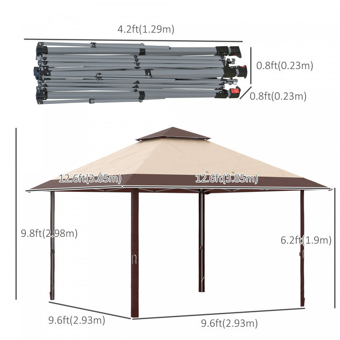 Outsunny 13 'x 13' Auvent De Tente De Fete D'exterieur Avec Event Superieur, Hauteur Reglable Sur 3 Niveaux Et Sac A Roulettes, Kaki