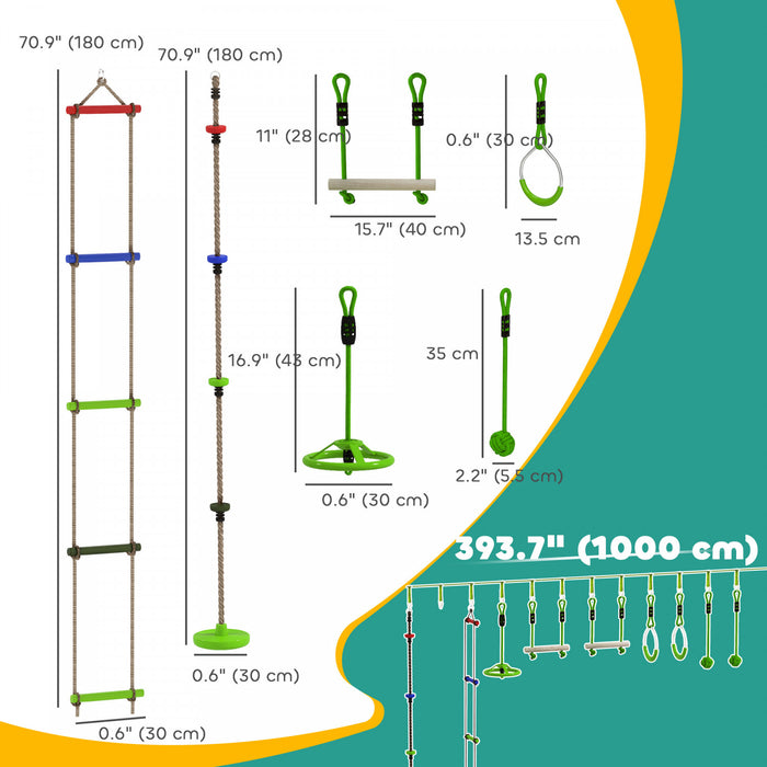 Qaba Parcours d'obstacles pour enfants, Slackline de 10 m avec 10 pieces, 2 barres de singe, 2 anneaux de gymnastique, echelle de corde, balancoire en nid, protecteur d'arbre, sacs, plateau suspendu, nœuds de corde