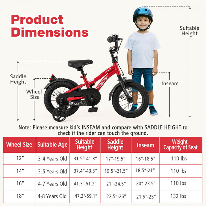 Costway 12\" Velo Pour Enfants De 3 A 4 Ans Garcons Et Filles Avec Reflecteurs Reglables De Frein A Main De Siege Rouge