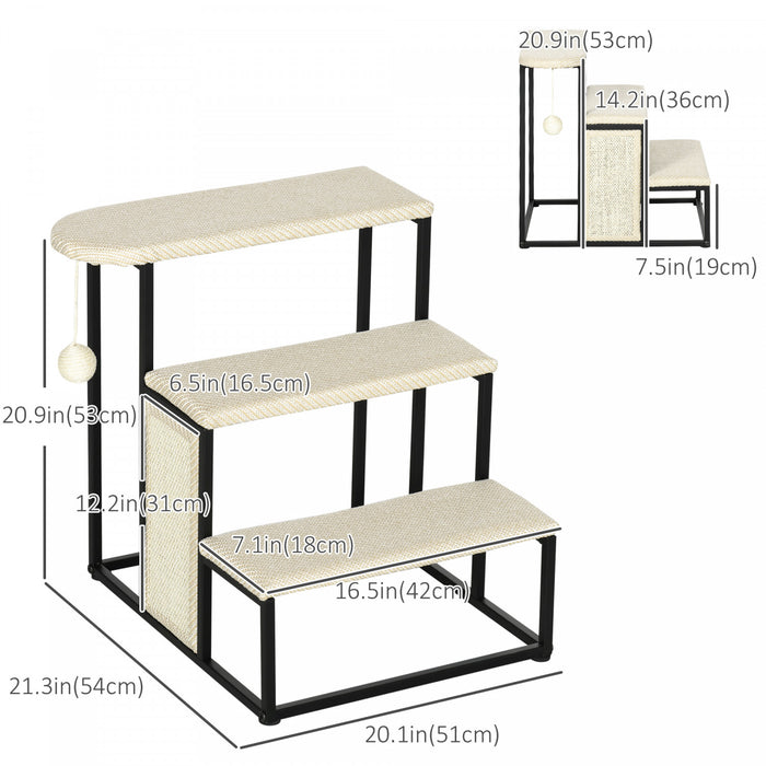 Pawhut 20\" Escalier Pour Animaux 3 Marches Pour Chat, Rampe D'echelle En Moquette, Avec Griffoir Et Boule Suspendue Pour Petits Chats, Cadre En Acier, Blanc Creme