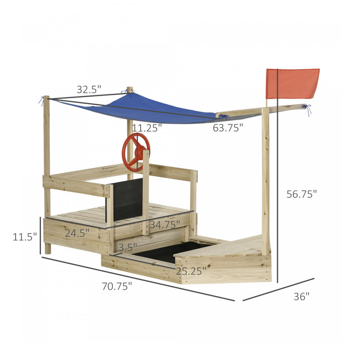 Bac A Sable Pour Enfants A L'exterieur, Station De Jeu Pliable, Avec Drapeau, Auvent D'ombrage, Revetement De Fond, Tableau Noir, Pour Les Enfants De 3 A 8 Ans, Bois Naturel