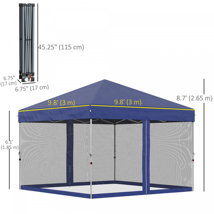 Outsunny Tente De Fete Escamotable 10' X 10' Avec Sac A Roulettes, Bleu