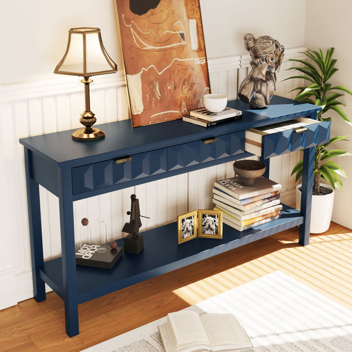 Table d'entree Oliver 60'' en placage de sapin avec design en nid d'abeille et tiroirs, bleu marine